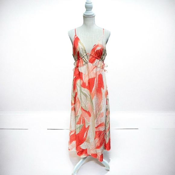 🌻H&M Coral Patterned Drawstring Detail Midi Dress Size Large - Picture 3 of 12